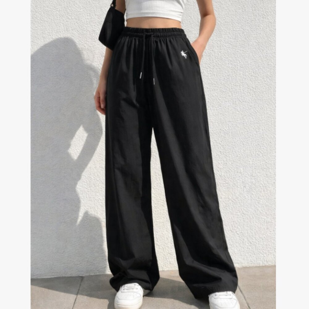Black Wide Leg Pants Elastic Waist Casual Loose Fit Trousers Women Size L